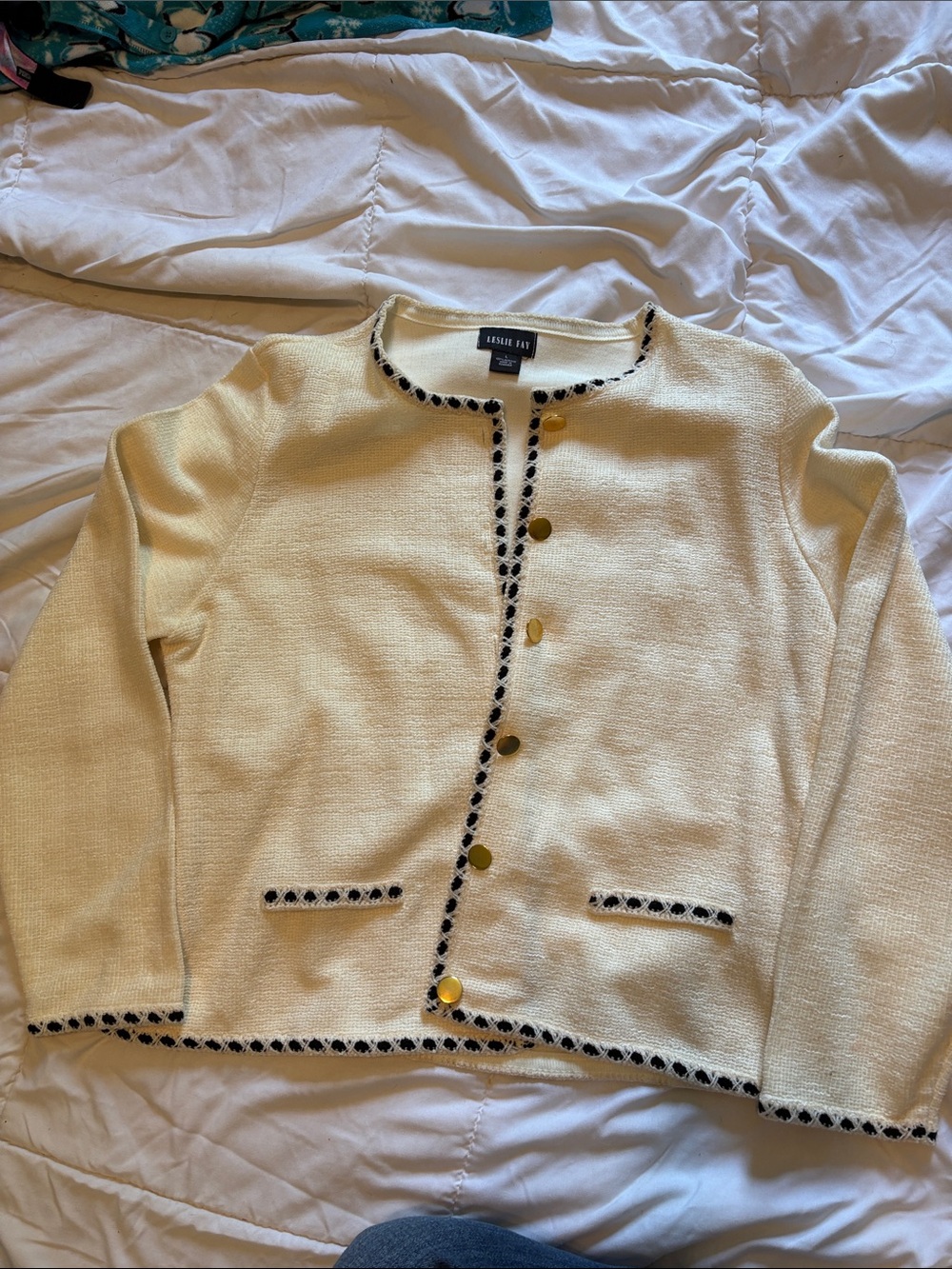 Vintage Leslie Fay Cream Kashmir Cardigan w/Black Trim &Gold Buttons